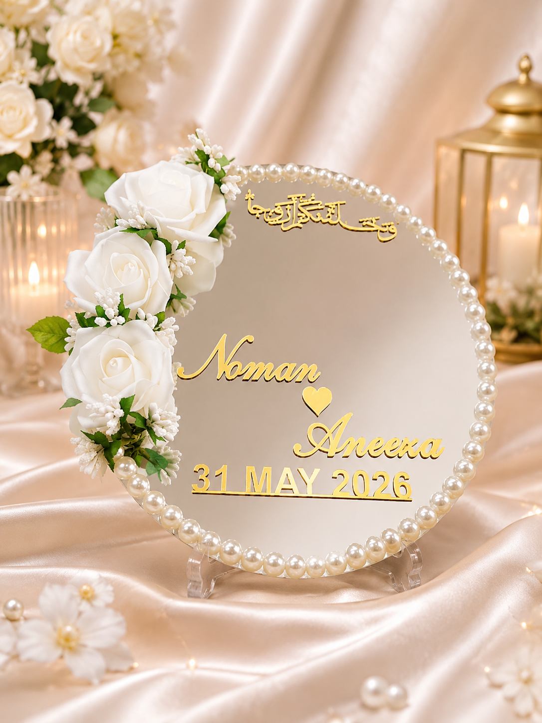 Personalized Round Acrylic Nikkah Plaque – Custom Names & Date with Floral Design