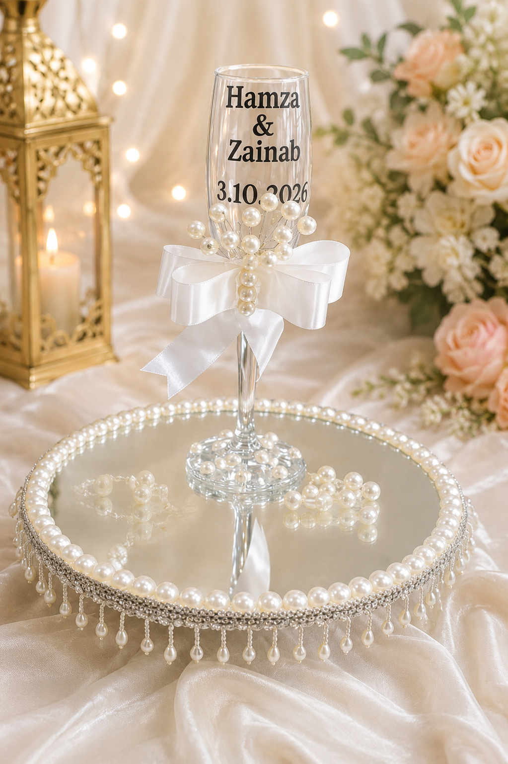 Personalized Wedding Pearl Tray & Glass Holder – Custom Name & Date Decoration