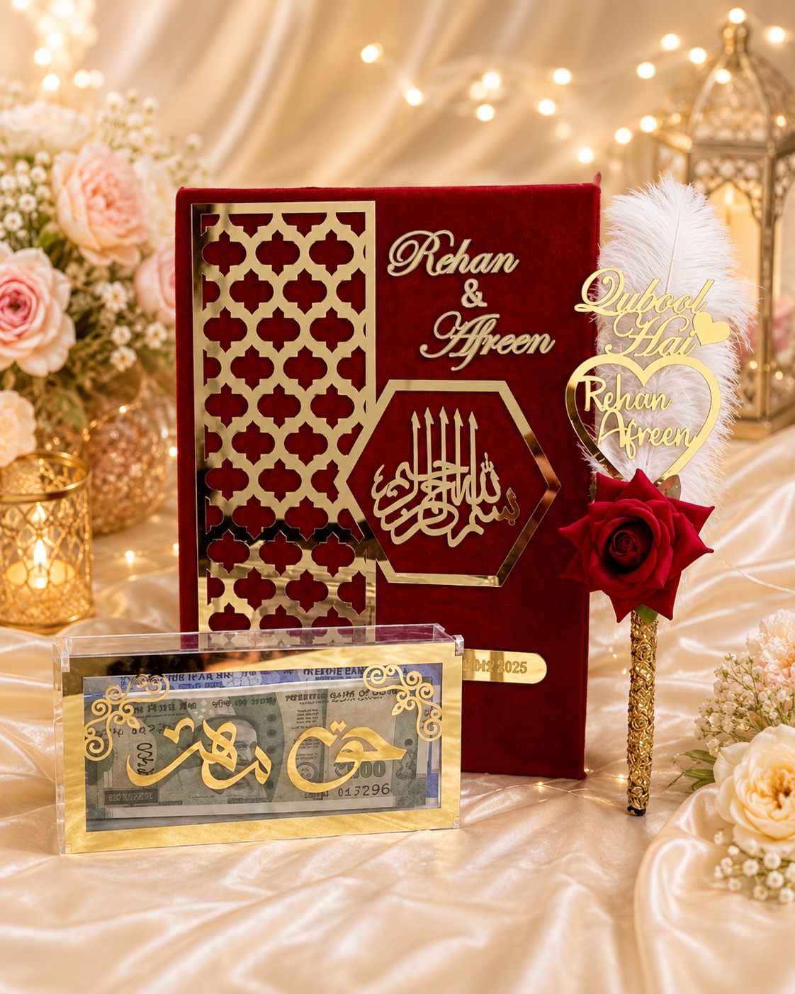 Luxury Personalized Nikah Gift Set – Nikah Nama, Qubool Hai Pen & Eidi Money Frame