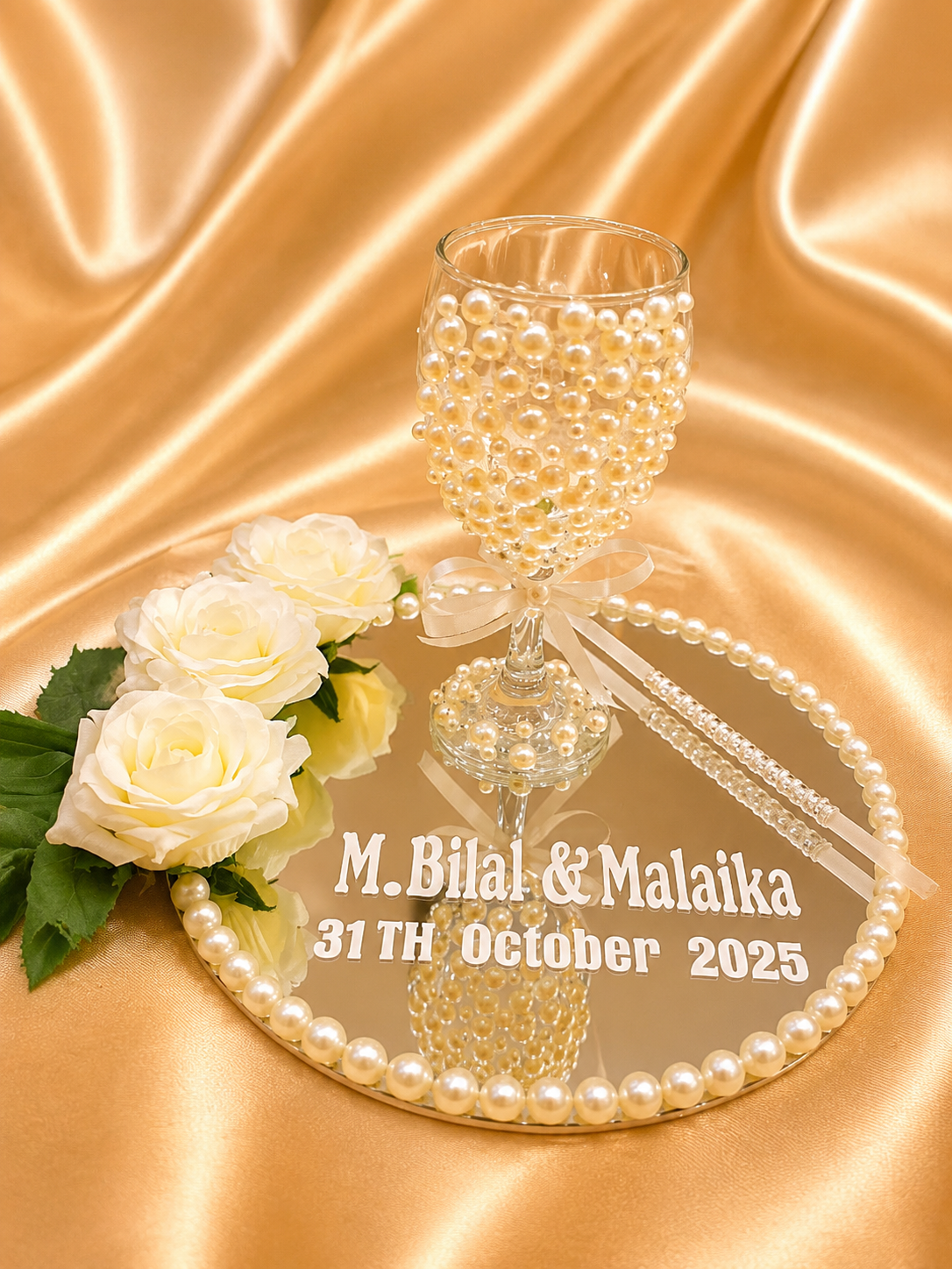 Luxury Pearl & Red Rose Decorative Ring Stand