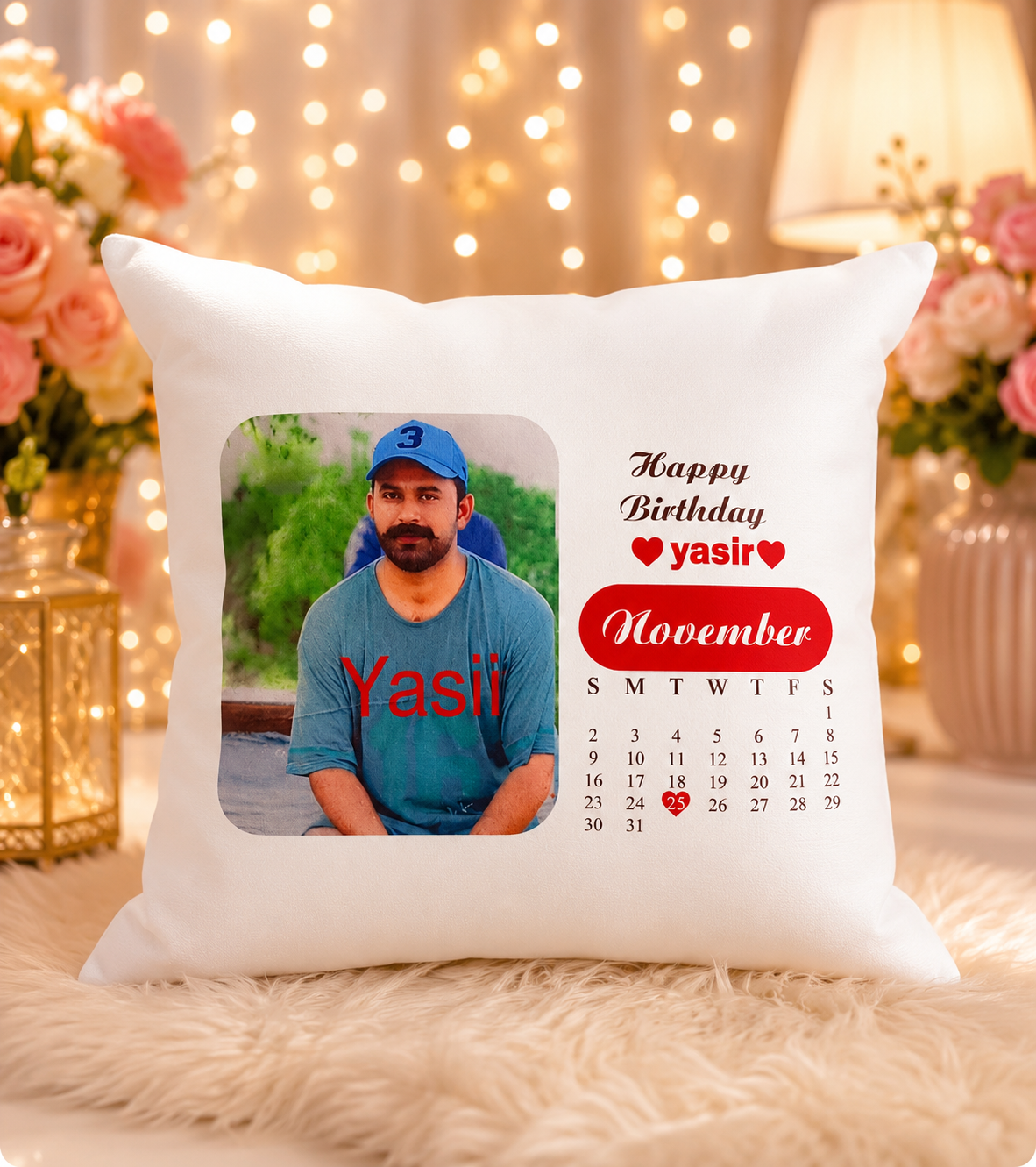 Personalized Birthday Calendar Photo Cushion – Custom Gift Pillow