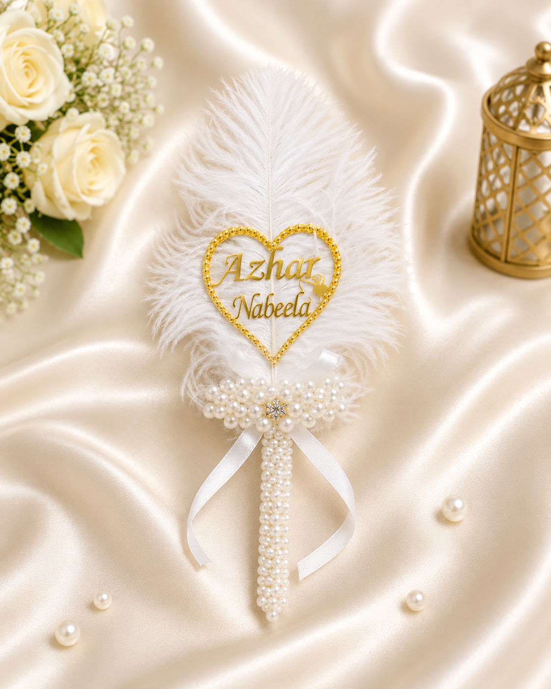 Personalized Nikah Pearl Feather Pen Set – Custom Initial Wedding Gift